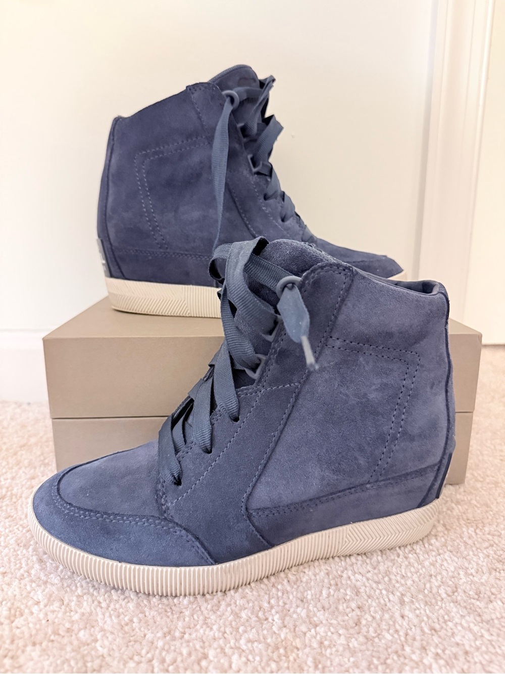 Sorel Navy Suede Hidden Wedge High-Top Sneakers